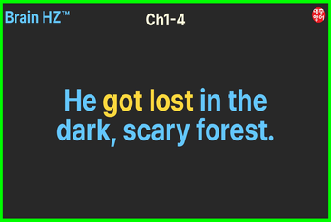 동화 구동사 1과 화면 — 「He got lost in the dark, scary forest.」 에서 got lost 가 노랗게 표시된다