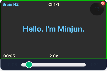 대충영어 앱의 K-뷰티 1과 화면 — 자막 「Hello. I'm Minjun.」, 2배속 재생