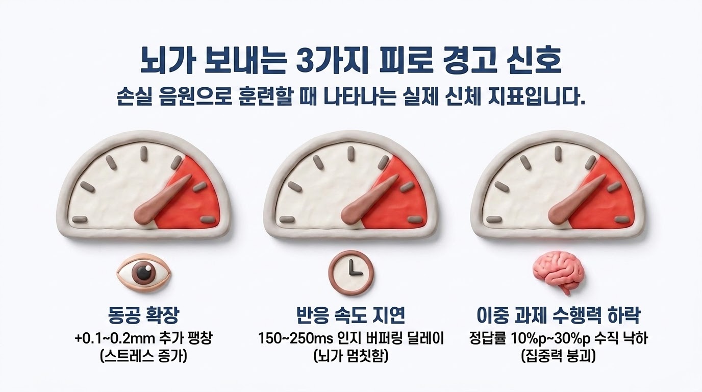 손실 음원 청취 시 인지부하 3대 지표 — 동공 팽창, 이중과제 정답률 하락, 반응 속도 지연
