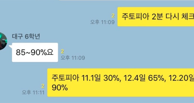 카톡 기록 — 주토피아 11월 1일 30%, 12월 4일 65%, 12월 20일 90%